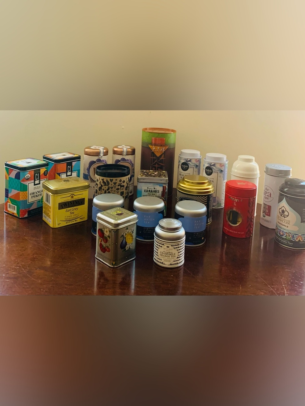 Lot of 20 Multicolor Decorative Tea Tins with Lids